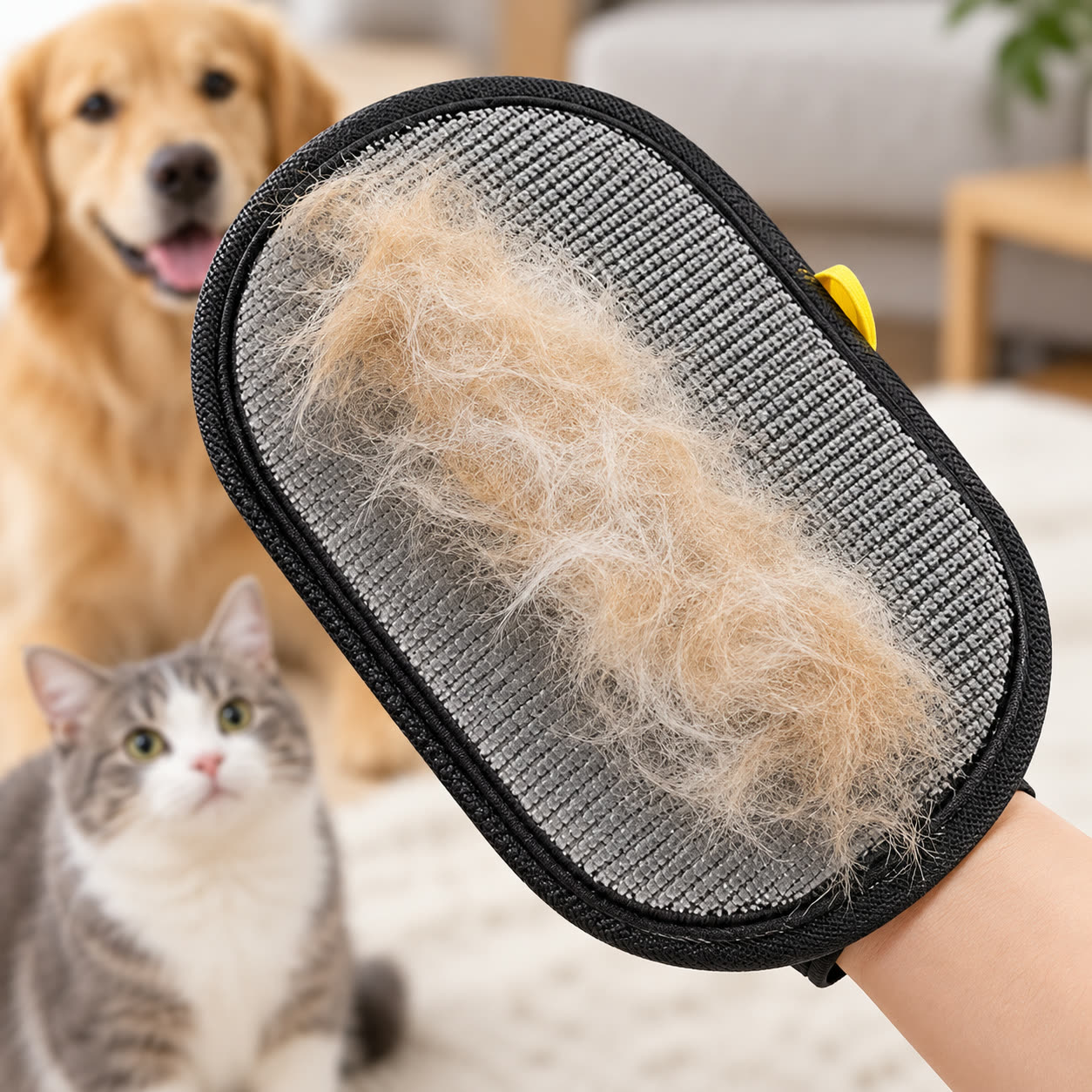 Gant électrostatique avec poils récupérés, chien et chat en arrière-plan