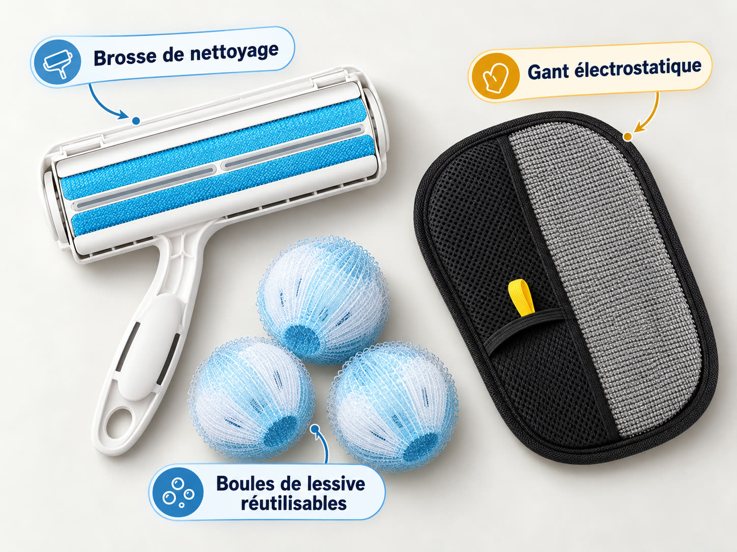 Contenu du kit Canapoil : brosse, gant et boules de lessive